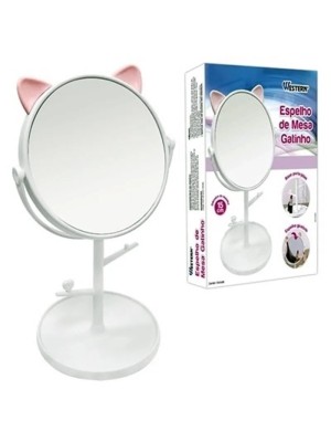 ESPELHO DE MESA REDONDO BASE PORTA JOIAS E GANCHOS PP GATINHO BRANCO 21CMX12CM UN. WELLMIX