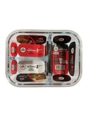 POTE HERMETICO DE VIDRO C/SAIDA DE AR RETANGULAR E C/2 DIVISORIAS 1L 20,7X15,4X7CM UN.