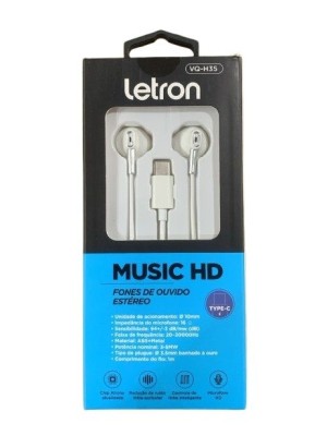 FONE DE OUVIDO COM MICROFONE INTRA AURICULAR H35 TIPO C BRANCO UN.