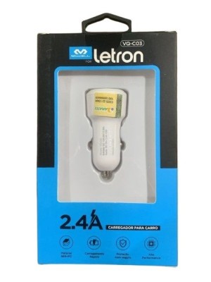 CARREGADOR VEICULAR 2 USB - BRANCO 2.4A UN.