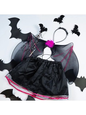 Fantasia Infantil Kit Black Halloween com Saia Asas Tiara e Varinha Festa Temática
