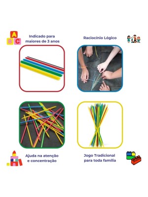 Jogo Pega Vareta 31 Varetas Coloridas Plástico 16,5cm Brinquedo
