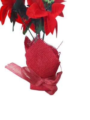 Vaso Juta Poinsettia Xmas  – Decoração Natalina Rústica com Flor Vermelha e Detalhes Artesanais