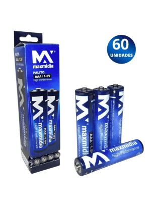 Pilha AAA Maxmídia Cartela C/4 Unidades – Tubo C/60 Pilhas Palito 1,5V de Longa Duração para Controles, Brinquedos e Eletrônicos