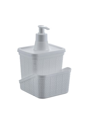 Porta-Detergente e Esponja Branco com Pump – Organizador para Pia de Cozinha com Textura Rattan, Suporte para Esponja e Reservatório para Sabão Líquid