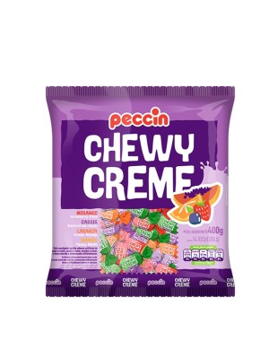 Bala mastigável sabor de frutas sortidas e creme (morango, cassis, mamão, laranja)